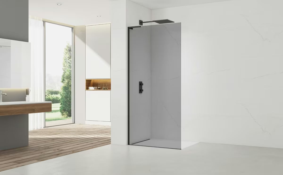 Walk-in tuš stijena SAT 110x200 cm sa sivim staklom i crnim mat profilima