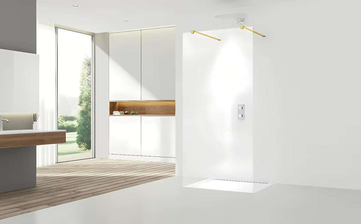 Tuš stijena Walk-In SAT Walk-in 90 cm s prozirnim staklom i zlatnim stabilizacijskim šipkama