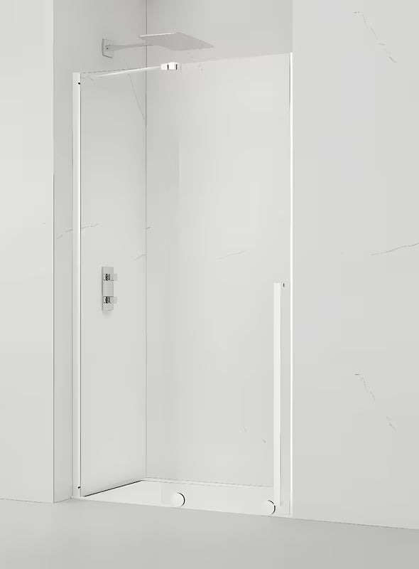 Klizne tuš vrata SAT Xmotion 110 cm u bijeloj boji s prozirnim staklom i bezokvirnom izvedbom.