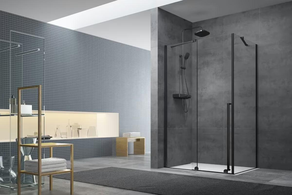 Tuš stijena Walk-In SAT Walk-In Xmotion 110x90 cm u crnoj izvedbi s prozirnim staklom