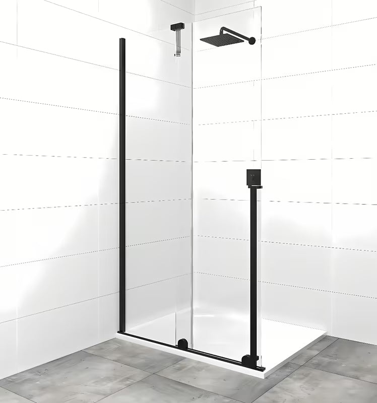 Tuš stijena Walk-In SAT Xmotion 120 cm u crnoj izvedbi s prozirnim staklom i kliznim otvaranjem.