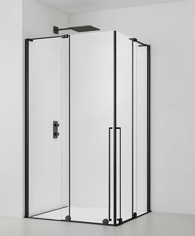 Pravokutna tuš kabina SAT Xmotion 120 x 100 cm u crnoj izvedbi s prozirnim staklom i kliznim vratima.