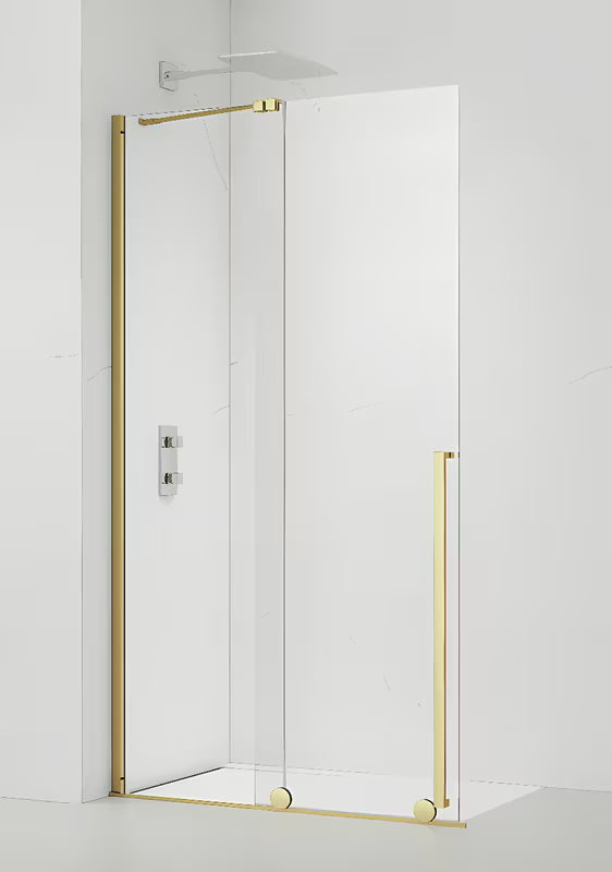Tuš stijena Walk-In SAT Walk-In Xmotion 140 cm s prozirnim staklom i sjajnim zlatnim profilima