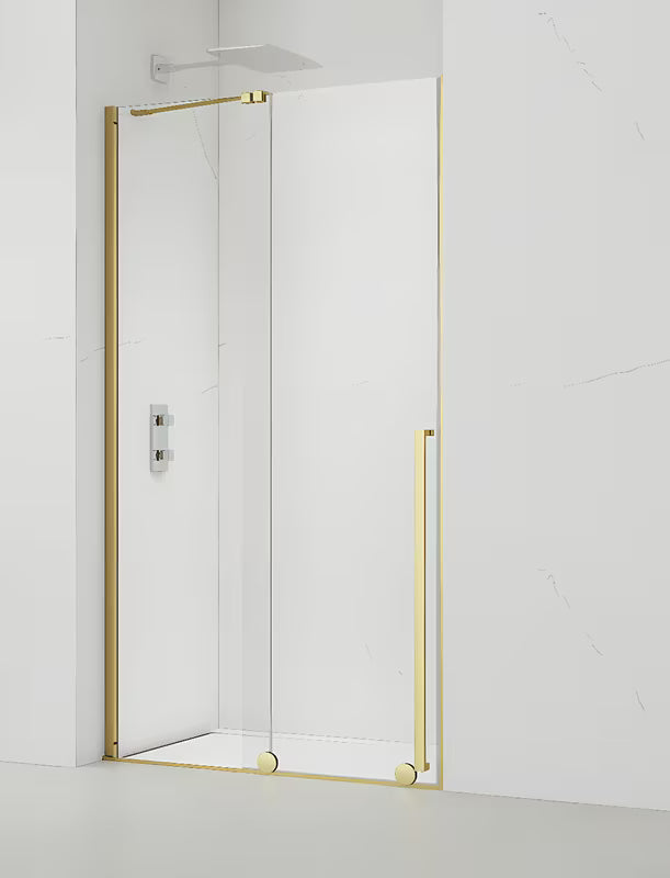Tuš vrata SAT Walk-In Xmotion 110 cm u sjajnoj zlatnoj izvedbi s prozirnim staklom i kliznim otvaranjem.