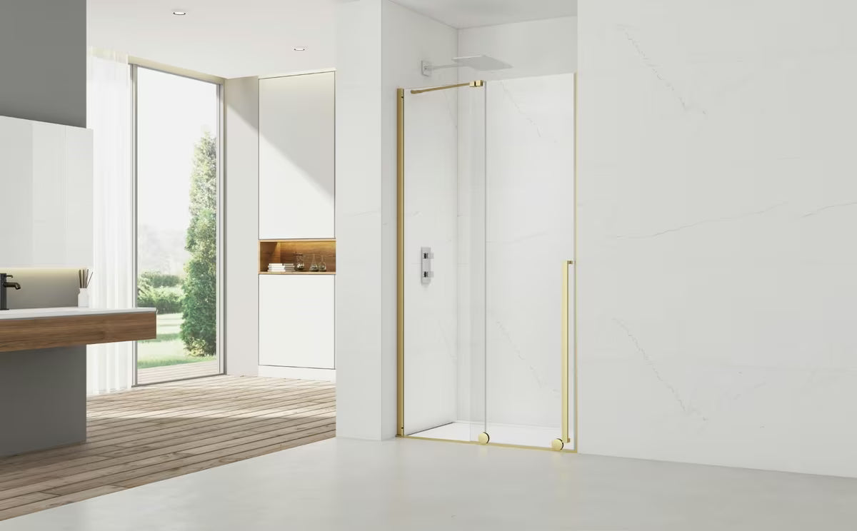 Klizne tuš vrata SAT Xmotion 120 cm za nišu u sjajnoj zlatnoj izvedbi s prozirnim staklom