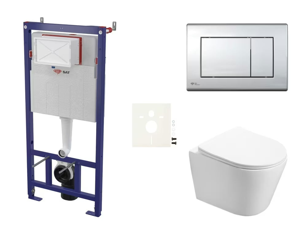 Viseći WC set SAT Infinitio s predzidnim modulom, crnom tipkom za ispiranje i sjedalom soft Close