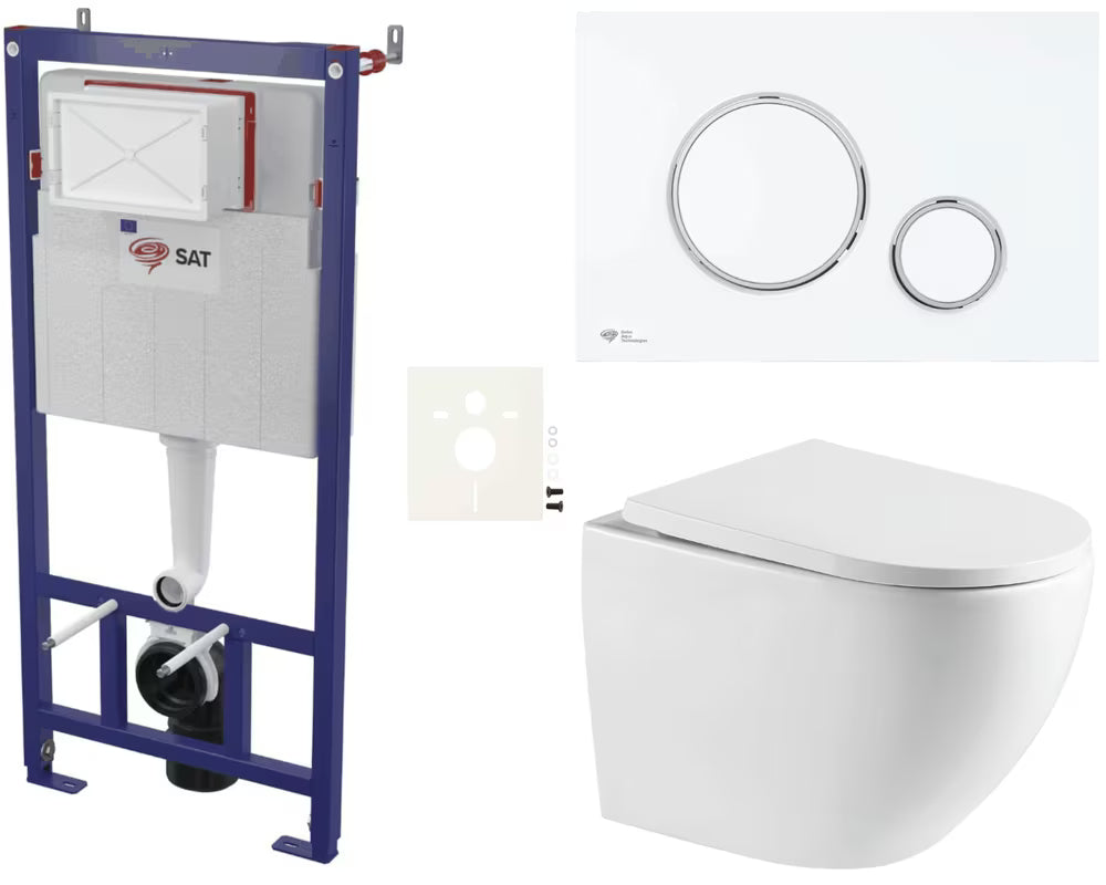 Viseći WC set SAT s podžbuknim modulom, štedljivim ispiranjem i mat bijelom tipkom za ispiranje.