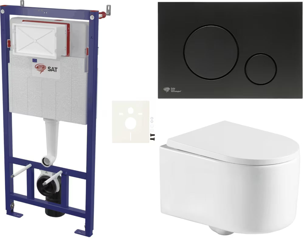 Viseći WC set SAT s vodokotlićem, tipkalom za ispiranje u crnoj mat izvedbi i duroplast sjedalom