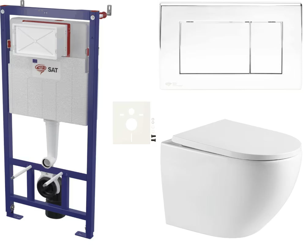 Viseći WC set SAT Fusion pro za predzidnu ugradnju s tipkom za ispiranje u sjajnom kromu