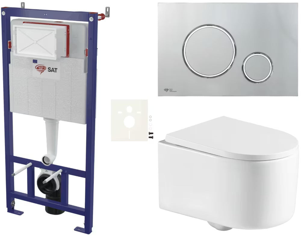 Viseći WC set SAT Tornado s vrtložnim ispiranjem, instalacijskim modulom, tipkom krom sjaj i sjedalom soft Close.