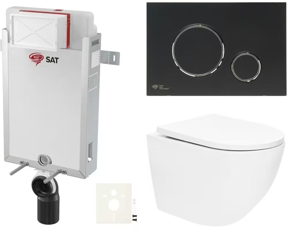 Viseći WC set SAT Fusion s ugradbenim modulom, vodokotlićem, crnom mat tipkom i sjedalom
