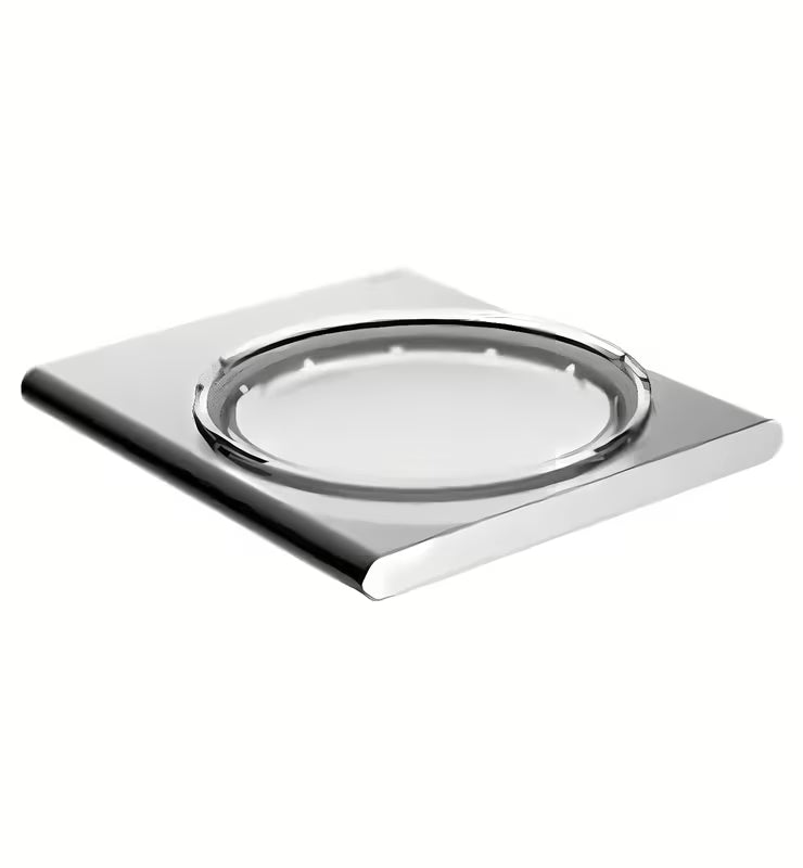 Kupaonska posuda za sapun s uklonjivom posudicom od mat stakla i metalnim zidnim držačem sa skrivenim pričvršćenjem.