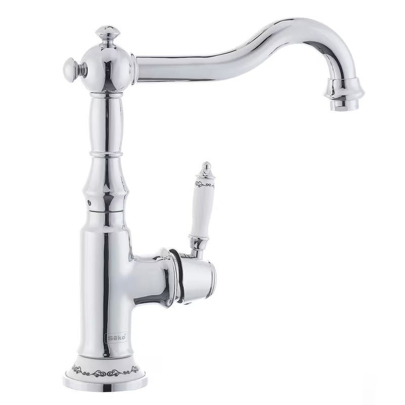 Kromirana miješalica za sudoper SIKO Provence s upravljanjem polugom i zakretnim izljevom u retro dizajnu.