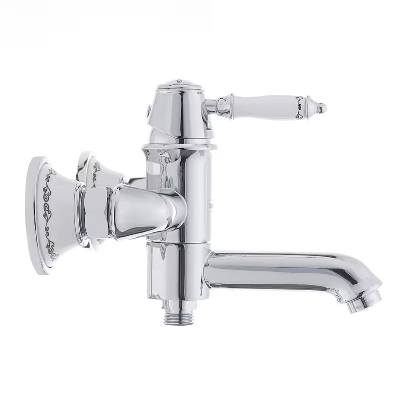 Kromirana jednoručna baterija zidna miješalica za kadu SIKO Provence u retro dizajnu s preklopnikom skrivenim u izljevu.