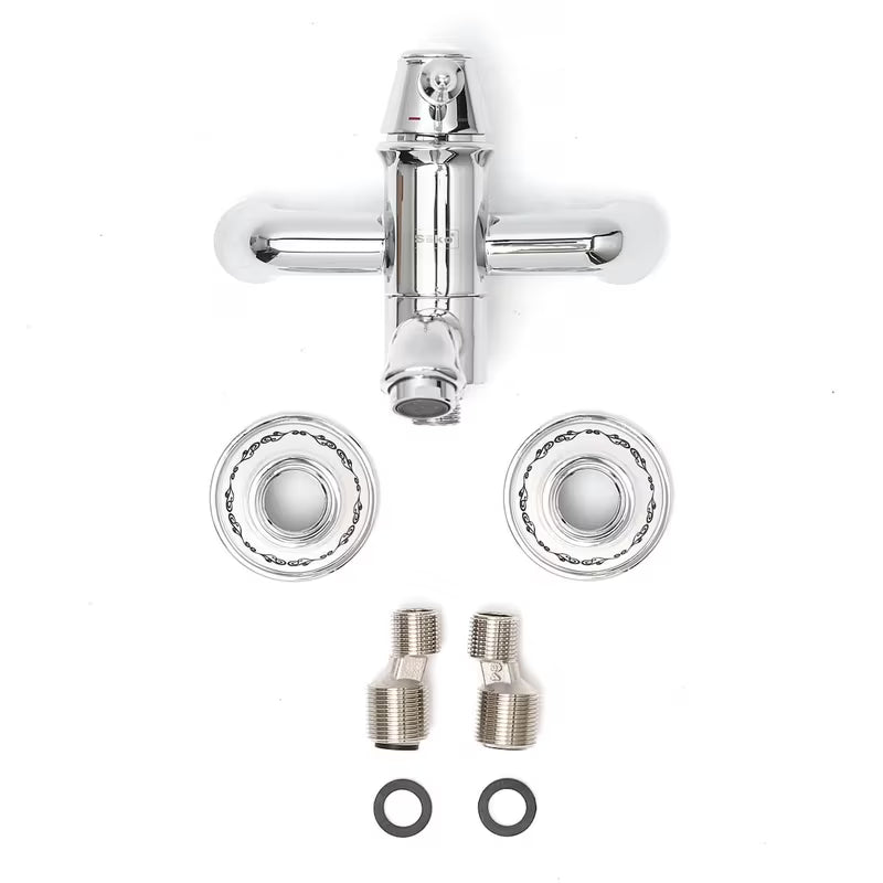 Kromirana jednoručna baterija zidna miješalica za kadu SIKO Provence u retro dizajnu s preklopnikom skrivenim u izljevu.