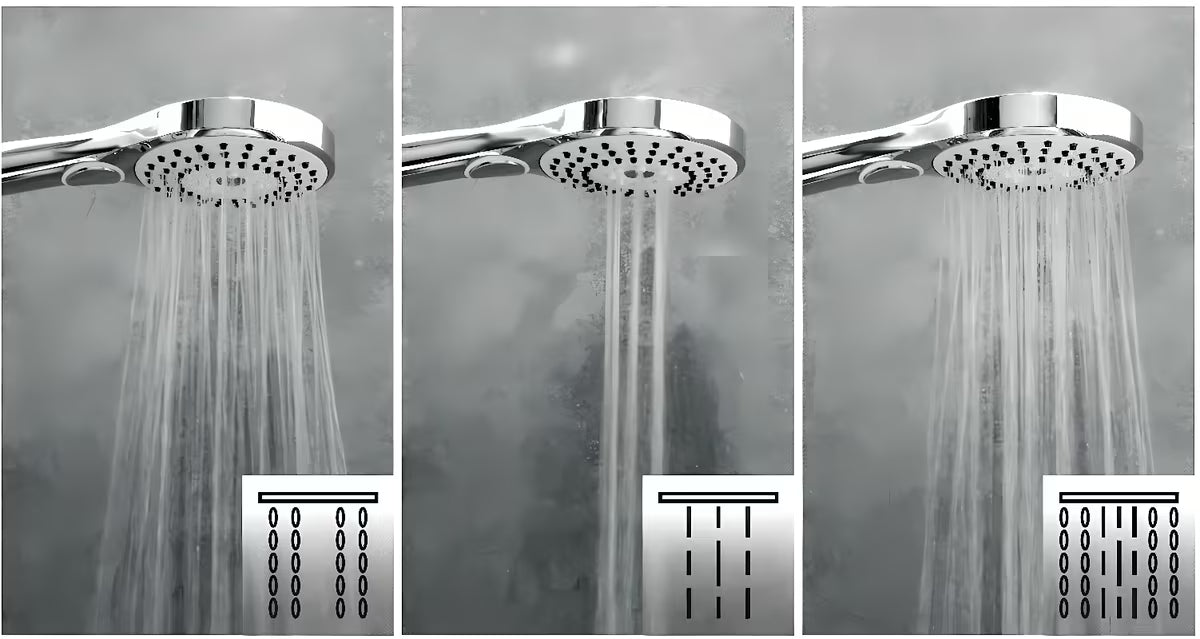 Kromirana ručna tuš slušalica SIKO zaobljenog dizajna, promjera 115 mm, s prebacivanjem između 3 mlaza tipkom.