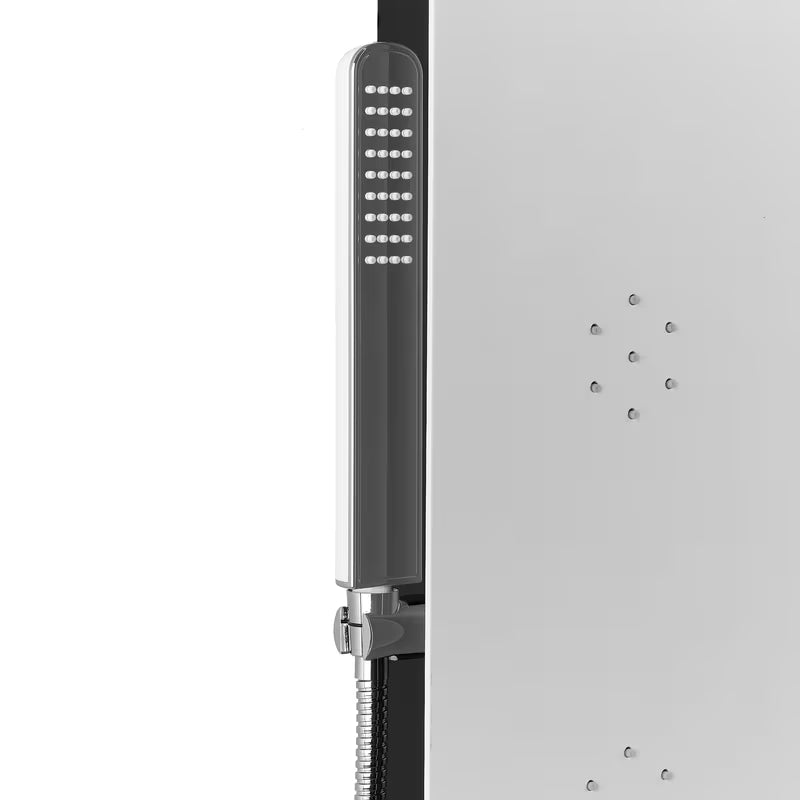 Bijeli tuš panel SIKO Alushower s 4 funkcije, uključujući nadglavni i ručni tuševi, vodopad i masažne mlaznice.