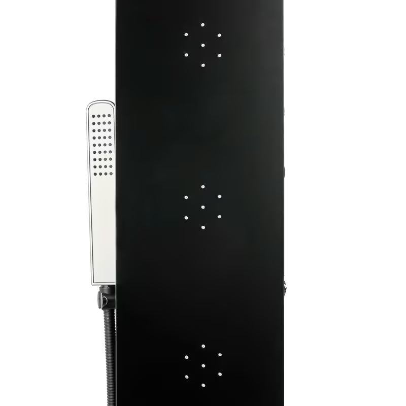 Crni tuš panel SIKO s 4 funkcije, uključujući nadglavni i ručni tuševi, slap i masažne mlaznice.