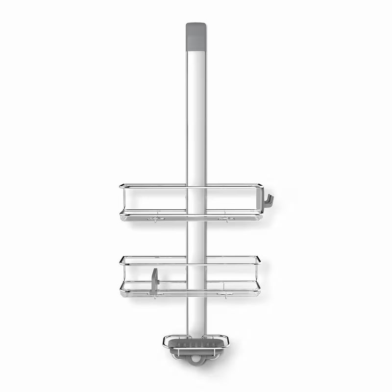 Tuš polica Simplehuman Shower caddy od nehrđajućih materijala s pomičnim policama i vakuumskim čašicama pro za stabilno pričvršćivanje.