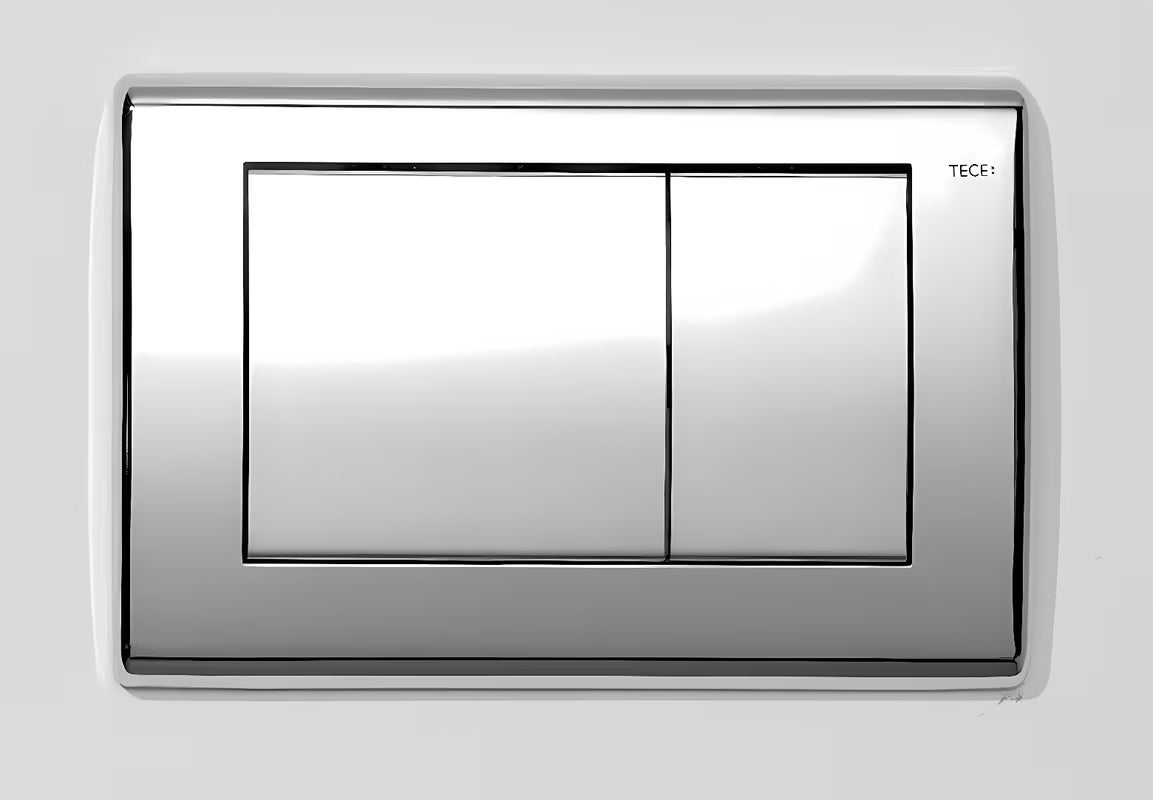 Tece Planus tipka za aktiviranje pro WC školjke, dvokoličinsko, u sjajno krom izvedbi od nehrđajućeg čelika.