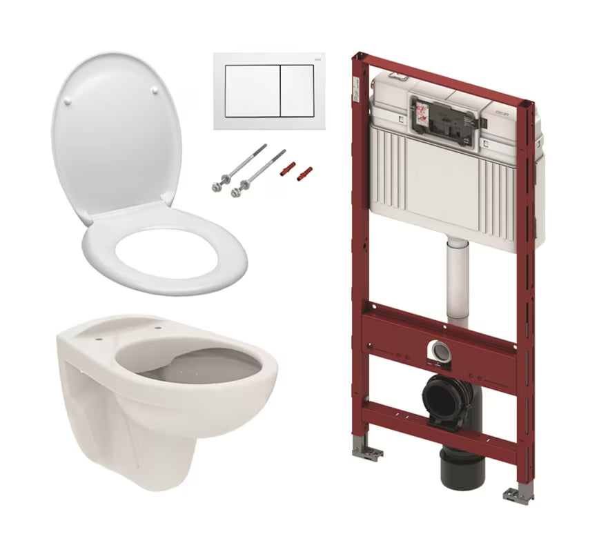 Akcijski viseći WC set TECE 5u1 s podžbuknim vodokotlićem, bijelom tipkom TECEbase, rimless WC školjke i sjedalom soft Close