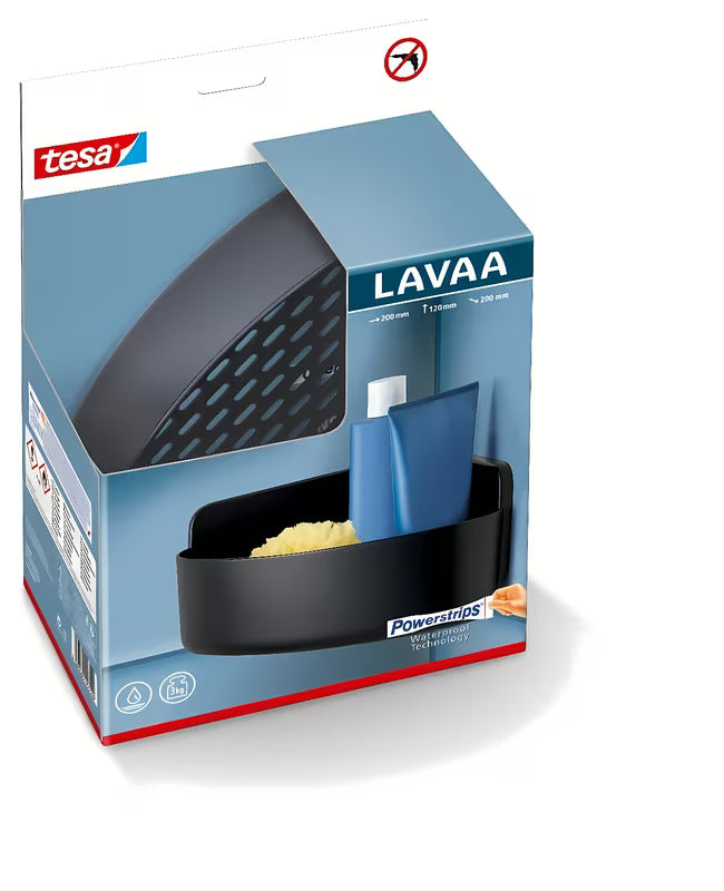 Kutna polica za tuš polica Tesa u mat crnoj boji s montažom bez bušenja pomoću Powerstrips Waterproof.