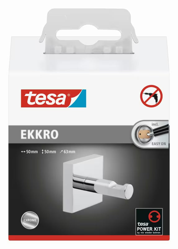 Kromirani četvrtasti kukica Tesa Ekkro za ručnik s montažom bez bušenja pomoću tehnologije Power.Kit