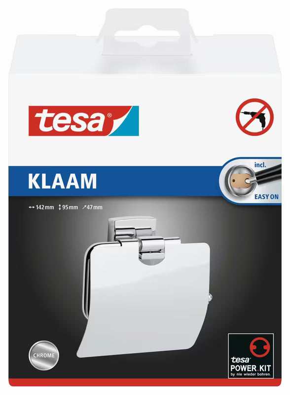 Kromirani četvrtasti držač toaletnog papira Tesa Klaam s montažom bez bušenja pomoću tesa Power.Kit.