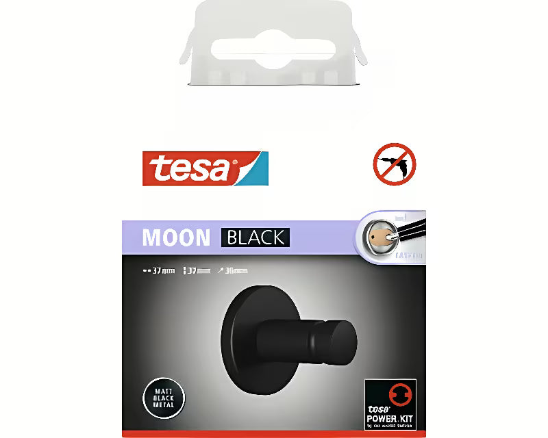 Mat crni držač za ručnike kukica Tesa Moon Black s lijepljenjem Tesa Power.Kit bez bušenja