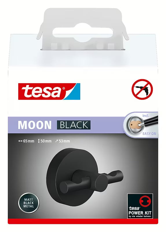 Mat crni kupaonski kukica Tesa Moon Black s ljepljivom montažom bez bušenja