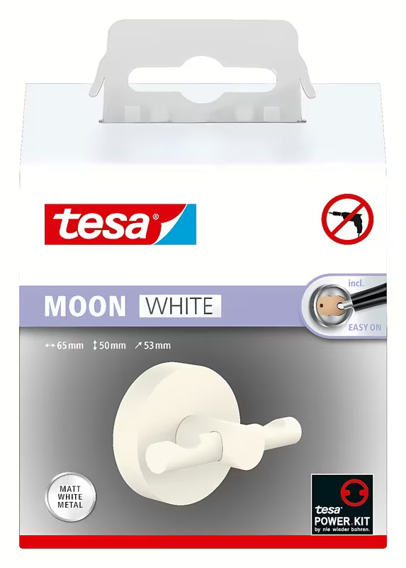 Mat bijeli kupaonski kukica Tesa Moon Black pro za vješanje ogrtača, s montažom bez bušenja