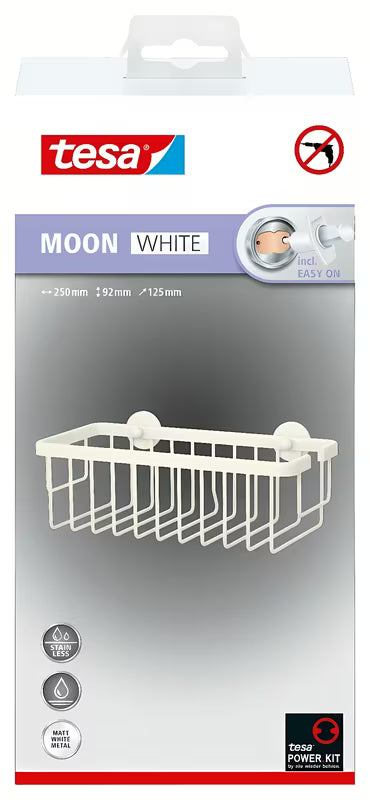 Mat bijeli tuš košarica Tesa Moon Black s ljepljivom montažom bez bušenja.