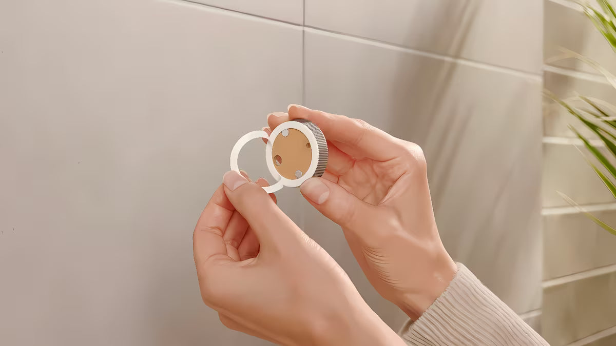 Mat bijeli kupaonski kukica Tesa Moon Black pro za vješanje ogrtača, s montažom bez bušenja