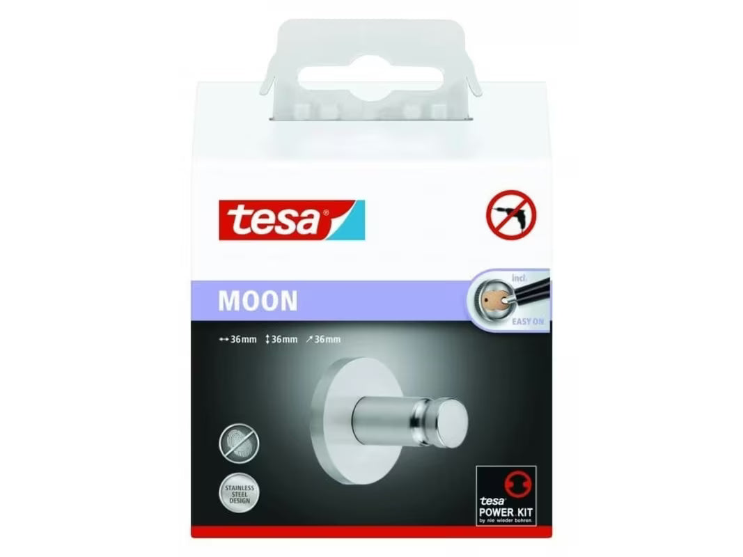 Zidni kukica Tesa Moon od brušenog čelika pro za ručnike i ogrtače, s montažom bez bušenja