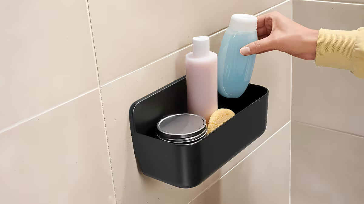 Crna tuš polica Tesa Lavaa bez bušenja s ljepljivim sustavom tesa Powerstrips Waterproof