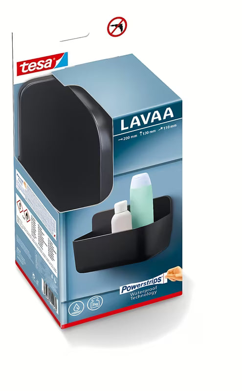 Crna tuš polica Tesa Lavaa bez bušenja s ljepljivim sustavom tesa Powerstrips Waterproof