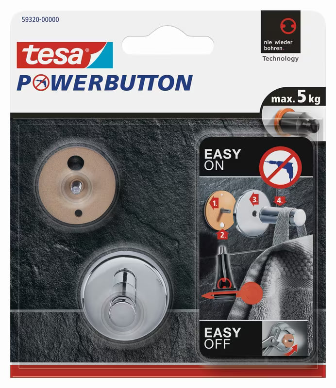 Kromirani kukica Tesa powerbutton pro montaža bez bušenja na pločice i druge glatke površine.
