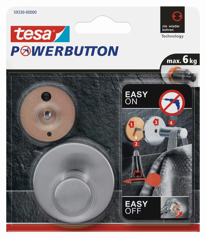 Tesa powerbutton Classic metalni kukica od brušenog čelika pro montaža bez bušenja na pločice.