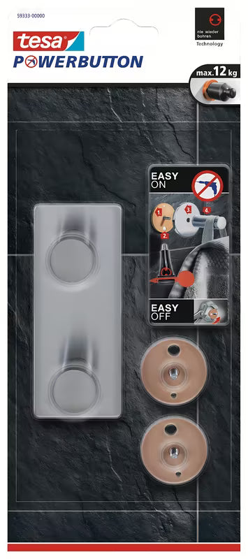 Dvostruka Kuka Tesa powerbutton od brušenog nehrđajućeg čelika pro montaža bez bušenja na tvrdim površinama.