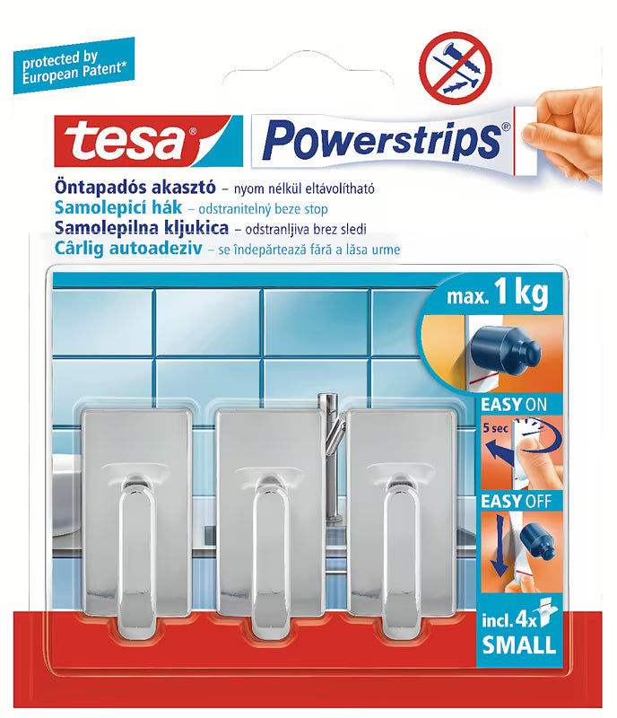 Kromirani kukica Tesa Powerstrips pro, pričvršćivanje bez bušenja na glatke čvrste površine.