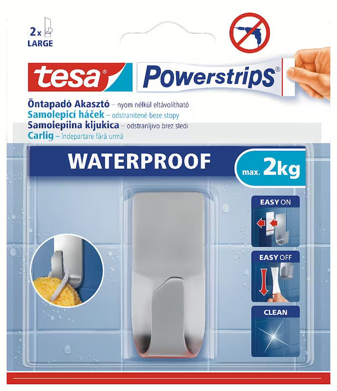 Vodootporni inox kukica Tesa Powerstrips pro za vješanje ručnika i dodataka bez bušenja.