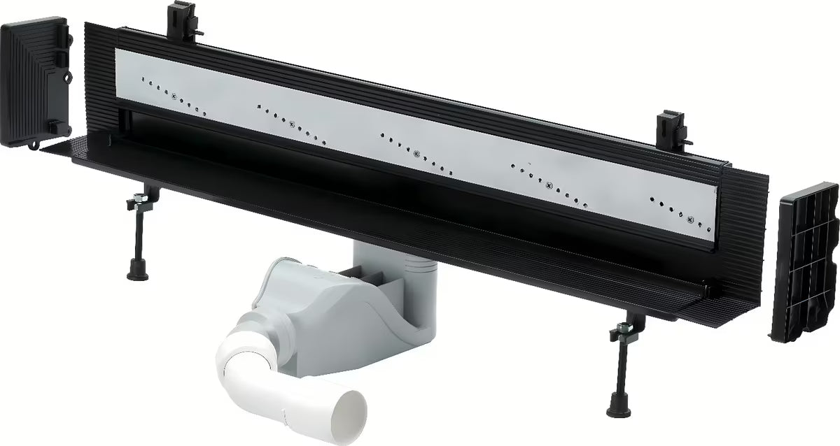 Crni tuš kanalica Viega Advantix Vario s uskim odvodnim prorezom i podesivom duljinom 30–120 cm.