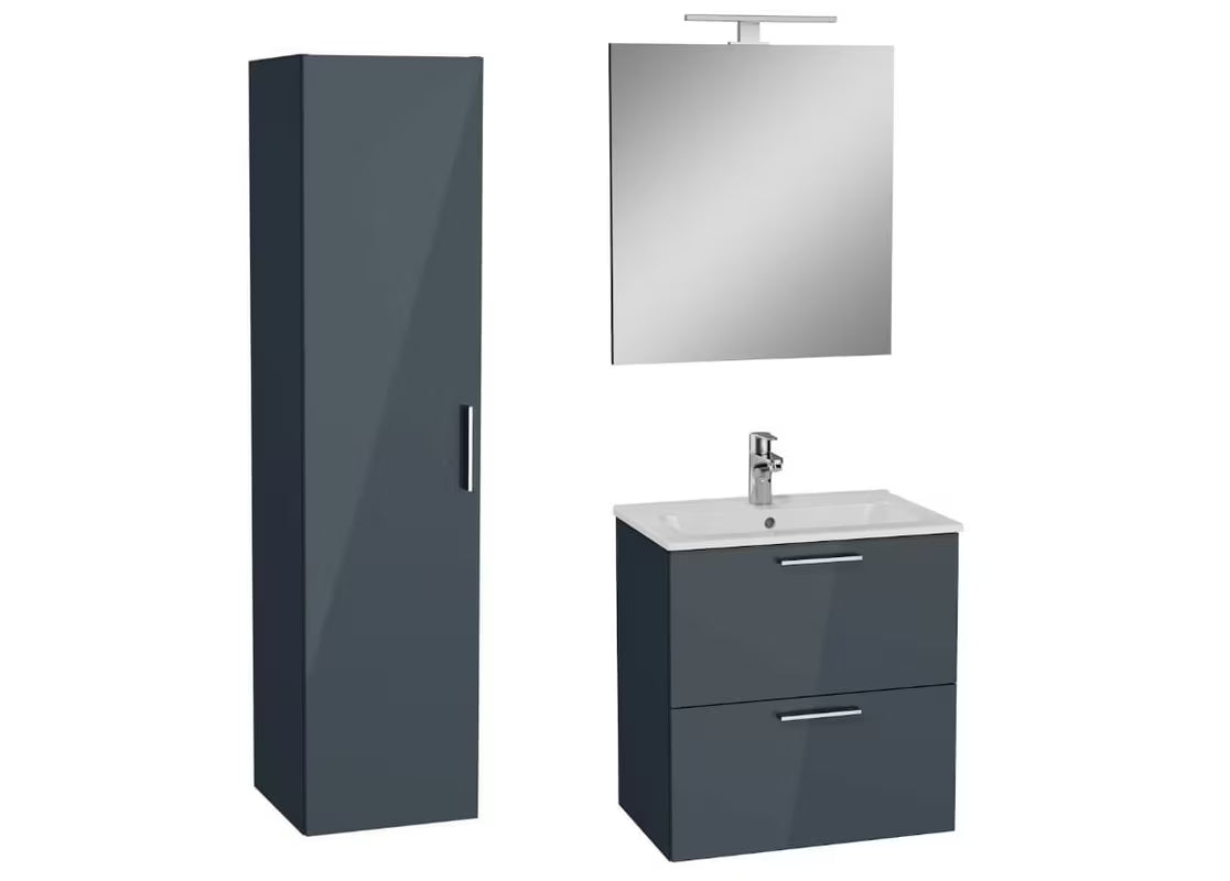 Kupaonski set vitra Mia u antracit sjaj izvedbi s keramičkim umivaonikom, ogledalom i LED rasvjetom.