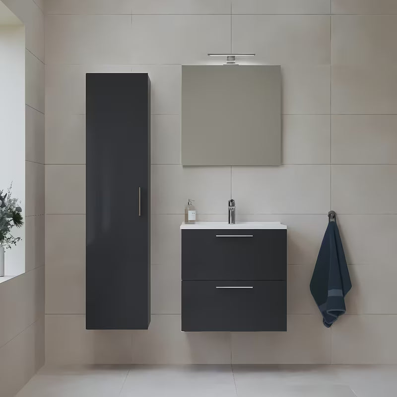 Kupaonski set vitra Mia u antracit sjaj izvedbi s keramičkim umivaonikom, ogledalom i LED rasvjetom.