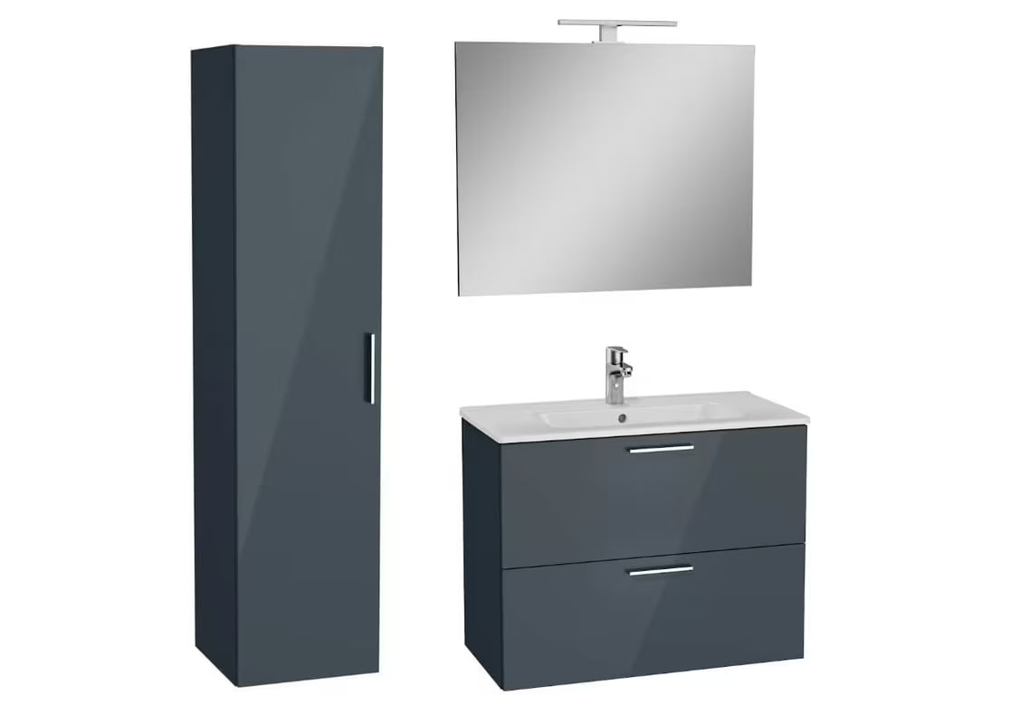 Kupaonski set vitra Mia u antracit sjaj izvedbi s visećim ormarićem, umivaonikom, ogledalom i LED rasvjetom.