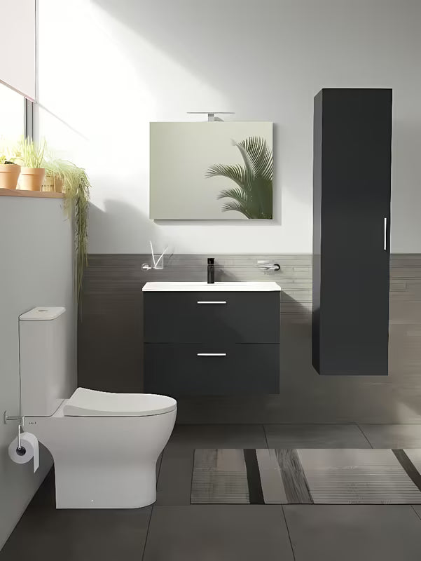 Kupaonski set Vitra Mia u antracit boji s umivaonikom, s visećim ormarićem, ogledalom i LED rasvjetom.