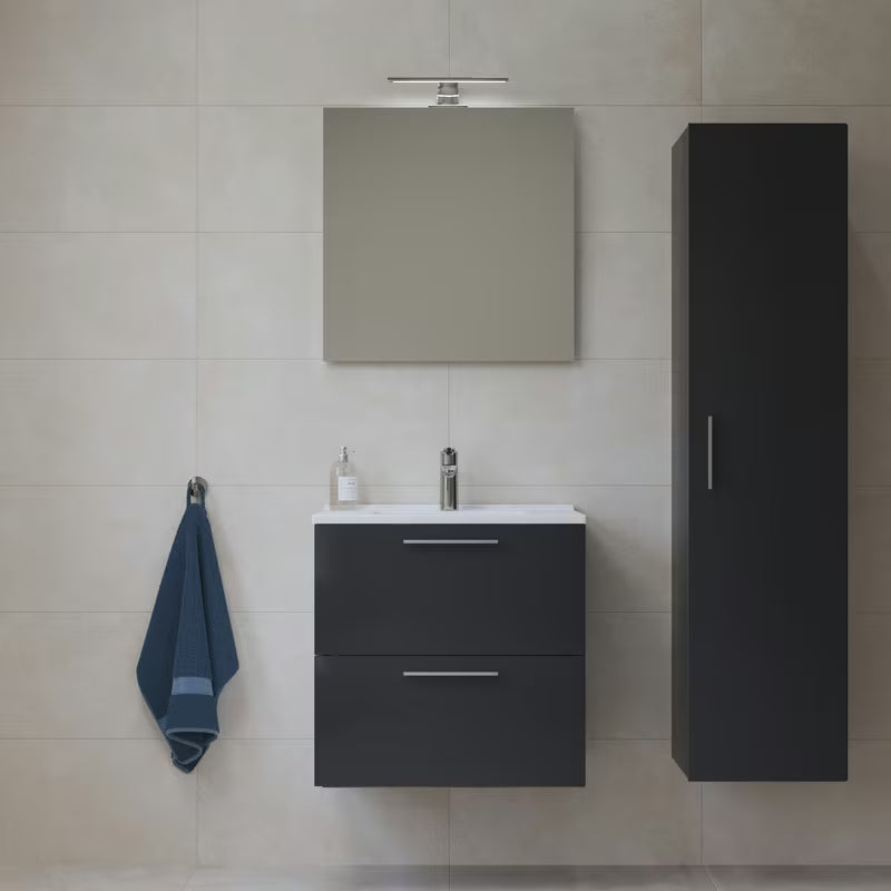 Kupaonski set Vitra Mia u antracit boji s umivaonikom, s visećim ormarićem, ogledalom i LED rasvjetom.