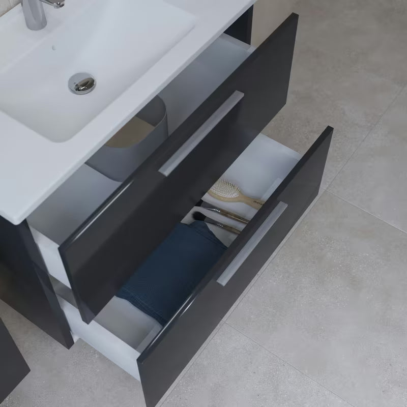 Kupaonski set Vitra Mia 79 x 39,5 cm u antracit boji s ormarićem, umivaonikom, ogledalom i LED rasvjetom.