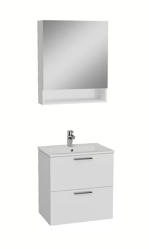 Bijela kupaonski set Vitra Mia s keramičkim umivaonikom, visećim ormarićem s ladicama i zrcalnim ormarićem.