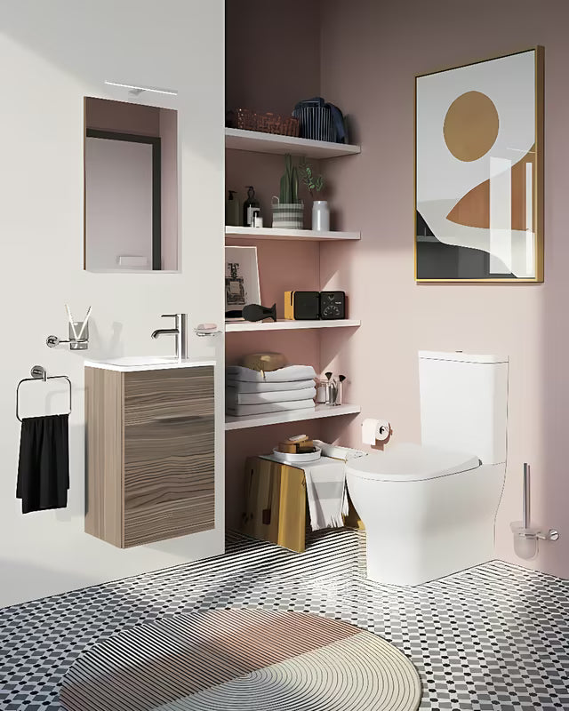 Kupaonski set vitra Mia u dekoru cordoba s umivaonikom, s visećim ormarićem, ogledalom i LED rasvjetom.